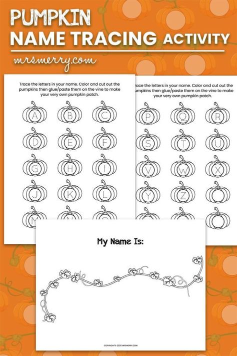 Pumpkin Name Tracing Worksheet Activity - Mrs. Merry Pumpkin Kindergarten, 5 Halloween Costumes, Homeschool Worksheets Free, Practice Writing Letters, Pumpkin Activity, Crazy Sock Day, Story Time Crafts, Preschool Teaching Ideas, Kindergarten Names