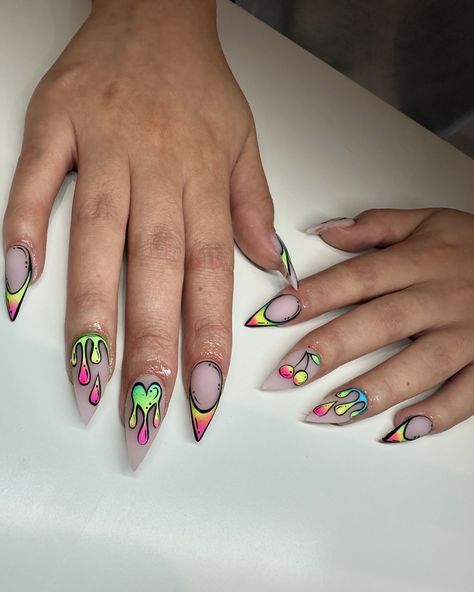 Neon pop art style nails for our girl @eleanorkirton trip to Ibiza💧🌈🍒 Pulled out the @glitterplanetuk pigments and their ‘chrome it black’ gel polish for the most bold and vibrant finish! Grab yours using code ‘ALLANYA’ for discount 🤭 #nails #ibizanails #lancashirenails #prestonnails #neonnails #stilettonails #explorepage #popartnails Neon Pop Art, Black Gel Polish, Pop Art Nails, Style Nails, Pop Art Style, Neon Nails, Stiletto Nails, Our Girl, Fashion Nails