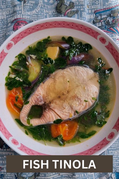 Filipino soup recipe Fish Tinola mixed with moringa leaves, eggplant and tomatoes served on a plate bowl Filipino Fish Soup, Tinolang Isda, Spanish Mackerel Recipe, Tinola Recipe, Shrimp Pasta Healthy, Filipino Soup Recipes, Filipino Soup, Tinola, Spanish Mackerel