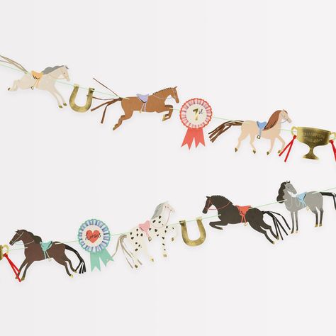 PRICES MAY VARY. 12 PENNANTS. 12 Pennants with shiny gold foil. PINWHEEL ROSETTES. Hook the pinwheel rosettes onto the garland. RAFFIA TAILS. The horses have delightful raffia tails. RIBBONS. Red grosgrain ribbon is knotted onto the champion cup. MINT CORD. The cord complements beautifully with the garland. This gorgeous garland will make your guests gallop with glee! The combination of horses, shiny foil horseshoes, a champion cup and colorful rosettes will look perfect on the party table or on Horse Garland, Rodeo Party, Horse Birthday Parties, Party Girlande, Party Streamers, Horses Theme, Horse Party, Horse Birthday, Pony Birthday