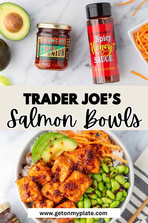 These Crunchy Chili Onion Salmon Bowls might just be the all-around perfect meal. Juicy, buttery salmon, a little spice, crunchy veggies, AVOCADO, and a creamy (optional-not-optional) sauce. You won't believe this meal takes LESS THAN 30 minutes to make! This is an easy Trader Joe's dinner idea. This Trader Joe's recipe is perfect for busy weeknights. Crunchy Chili Onion Trader Joes Recipes, Trader Joes Meals, Buttery Salmon, Trader Joes Recipes Dinner, Trader Joes Meal Planning, Salmon Bowls, Crunchy Veggies, Family Breakfast Recipes, Fish Friday