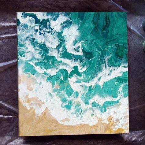 Ocean waves and beach acrylic pouring Acrylic Pour Ocean, Beach Pour Painting, Beach Acrylic Pour, Beach Wave Painting, Beach Waves Painting, Ocean Waves Art, Ocean Waves Painting, Pour Paint, Large Canvas Painting