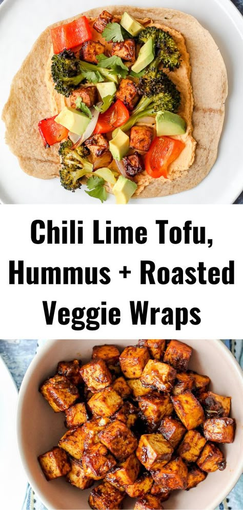 Aug 8, 2021 - Chili lime tofu hummus veggie wraps: Tofu baked to perfection with lime and Mexican spices, chipotle hummus, roasted broccoli and peppers, and avocado, all wrapped up in a soft, floury tortillas. The perfect fun, high Vegan Veggie Wraps, Vegan Tofu Wrap Recipes, Fun Tofu Recipes, Tofu Meals Healthy, Vegan Tofu Wrap, Roasted Veggie Wrap, Healthy Tofu Dinner, Tofu Wrap Recipe, Vegan Wrap Ideas