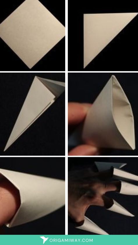 A steps on how to make white origami claws Origami Fingers, Origami Finger Game, Claw Origami Tutorial, Origami Finger Claws, Origami Claws, Paper Claws, Bone Ring, How To Make Origami, Paper Games