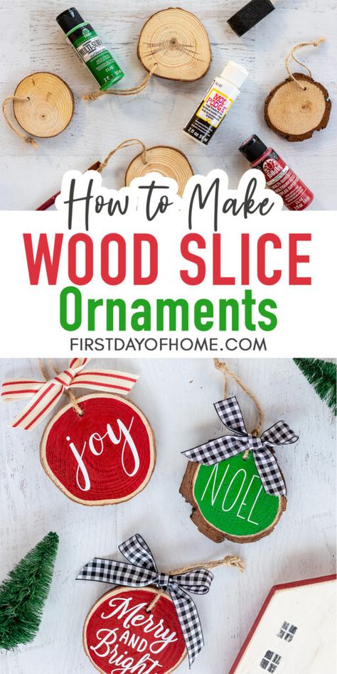 Learn how to make wood slice ornaments two different ways: photo transfer to wood and vinyl lettering with Cricut or Cameo. These are perfect for Christmas teacher gifts, preschool Christmas crafts, stocking stuffers or newlywed Christmas ornaments. #woodslicecrafts #diychristmasornaments #christmascrafts #christmasornaments #firstdayofhome Christmas Tree Trunk Ornament, Wood Ornaments Diy Tree Slices Kids, Cricut Wood Ornaments, Name Ornaments Diy, Wood Slice Ornaments Diy, Wood Slices Ideas, Wood Discs Crafts, Wood Slice Art Decor, Diy Wooden Ornaments