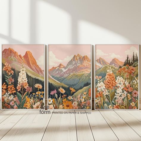 Abstract Colorful Mountain Meadow Wall Art Set of Three Pieces Scenery Art Print | Wildflower Field Art Mountain Scenery Floral Posters Floral House Decor, Three Piece Painting, 3 Prints Wall Art, Set Of Three Wall Art, Three Piece Wall Art, Lake Condo, Wildflower Landscape, Science Exhibition, Floral Posters