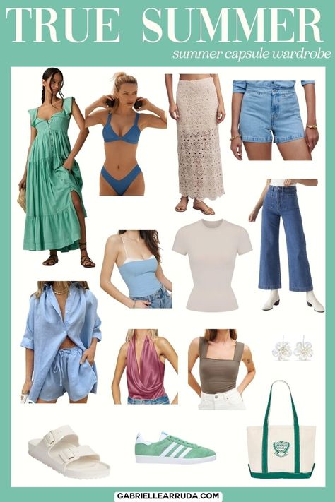 Seasonal Color Capsule Wardrobes: Summer Weather 2024 - Gabrielle Arruda Dream Wardrobe True Summer, True Summer Fabric Swatches, Summer Cool Tone Outfit, Cool Summer Type, True Summer Capsule Wardrobe, Soft Summer Wardrobe Capsule, True Summer Color Palette Outfits, True Summer Wardrobe, True Summer Outfits