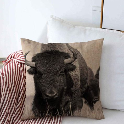 Western Pillows, Texas Home Decor, Black Nature, Cowhide Pillows, American Bison, Western Home Decor, Fall Home, Entertainment Room, Western Decor