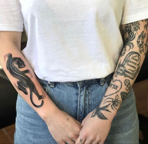 American Traditional Tattoos Funny, Panther Forearm Tattoo, Panther Arm Tattoo, Traditional Forearm Tattoo, Traditional Tattoo Panther, American Traditional Panther, Traditional Tattoo Prints, Traditional Panther Tattoo, Traditional Heart Tattoos