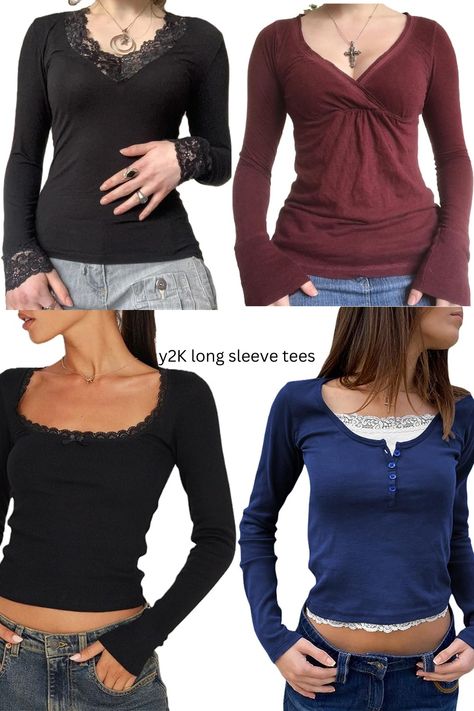 y2k style long sleeve tops; reminisce on the 2000s with these iconic long sleeve top styles and incorporate them into your style and live your cool, catalog, indie girl, y2k dreams 2000s Fashion Long Sleeve, 2000 Long Sleeve Top, Early 2000s Long Sleeve Shirt, Grunge T Shirts, Patchwork Tee, Y2k Shirts, Fairy Grunge Aesthetic, Girl Y2k, Y2k Long Sleeve