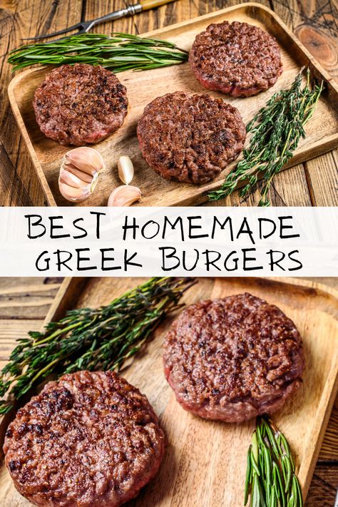 Delicious lean ground beef, tender ground lamb, and lots of fresh herbs make these the BEST homemade Greek Burgers! #burgers Greek Hamburger Recipes, How To Cook Ground Lamb, Lamb And Beef Burgers, Greek Burgers Beef, Lean Burger Recipes, Ground Lamb Recipes Easy, Ground Lamb Burgers, Mediterranean Ground Beef, Greek Lamb Burgers