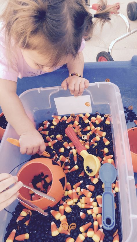 Black Sensory Bin, Call Sensory Bin, Candy Corn Sensory Bin, Inhome Daycare, Dry Black Beans, Halloween Sensory Bin, Fall Sensory Bin, Candy Corn Crafts, Halloween Craft Activities