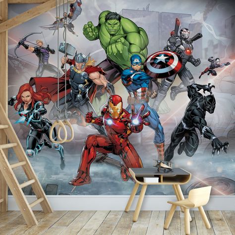 * Avengers Inspired Design* Non-Woven Mural* Large Scale in Size* Easy Application Process Assemble the heroes with our Marvel Avengers Wall Mural. The eye-catching design features iconic Avengers like Captain America, The Hulk, Iron Man, and Thor. This luxurious non-woven mural, with its large-scale design, allows for easy removal of one strip at a time, making it a thrilling addition to any fan's space. | Dunelm Marvel Avengers Wall Mural, Paper Small Superhero Bedroom, Marvel Wall Stickers, Marvel Wallpaper Bedroom, Marvel Playroom, Marvel Bedroom Ideas Boy Rooms, Avengers Kids Room, Avengers Mural, Avengers Bedroom Ideas, Marvel Kids Bedroom