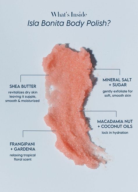 Give your skin a tropical vacation with our island inspired body polish. Our skin-softening formula gently buffs away roughness to reveal smooth, radiant skin. Natural sugars and mineral-rich Himalayan pink salt gently exfoliate while shea butter, coconut and macadamia oils work together to deeply hydrate skin. The best part? It exfoliates and hydrates without that scratchy feeling or greasiness. Size: 9oz Body Scrub Marketing, Body Polish Recipe, Body Scrub Photography, Beach Skincare, Product Reveal, Skin Care Business, Skincare Products Photography, Diy Lotion, Beauty Routine Tips