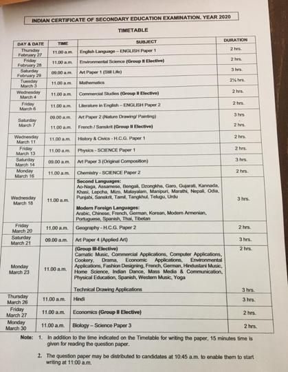 The Council of Indian School Certificate Examination (CISCE) has released the timetable for class 10 and 12 board exams, for 2020. The Exams for class 12 will start on February 3, 2020, and will end on March 31, 2020. The exams for class 10 students will commence from February 27 and will end on March 30.   #ics #icse #timetable Icse Board Exam, Class 10 Timetable, Timetable For Class 10, School Certificate, 10th Exam, School Timetable, School Certificates, Class 8, Class 12