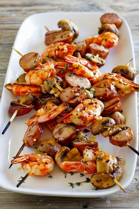 Mixed Grill of Shrimp, Sausage and Mushrooms on skewers Grilling Shrimp, Barbeque Shrimp, Sausage And Mushrooms, Summer Barbecue Food, American Potato Salad, Shish Kabob, Shrimp Sausage, Kabob Skewers, Mixed Grill