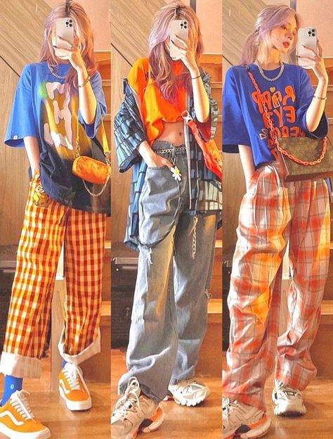 Cute Colorful Outfits Korean, Colorful Grunge Aesthetic Outfits, Grunge Outfits Colorful, Streetwear Fashion Colorful, Colorful Alt Outfits, Colorful Y2k Outfits, Colorful Grunge Outfits, Japanese Outfits Street Style, Colorful Aesthetic Outfits