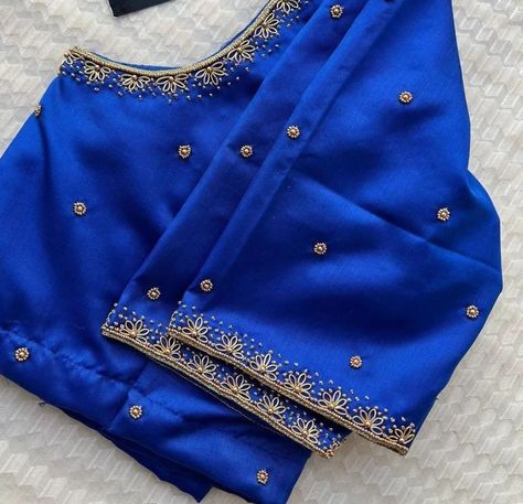 Golden Thread Work Blouse Designs, Blue Blouse Designs Simple, Royal Blue Blouse Designs, Blue Colour Blouse Designs, Blue Work Blouse, Simple Aari Work Blouse, Pink Blouse Designs, Blue Blouse Designs, Blouse Designs High Neck