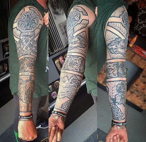 Masculine Mens Full Celtic Sleeve Tattoos Irish Sleeve Tattoo, Celtic Sleeve Tattoos, Tattoo Japanese Style, Celtic Knot Tattoo, Irish Tattoos, Girls With Sleeve Tattoos, Full Sleeve Tattoo Design, Celtic Tattoo, Tattoos Geometric