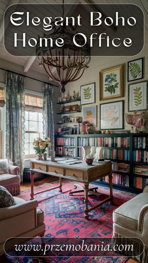 Give your workspace a vintage boho makeover with cozy room decor and boho style interior design. Add boho lamps and a boho wall to bring warmth and character to the room. Incorporate chic bohemian decor and vintage elements to create a boho chic home office that’s both stylish and productive. #vintagebohooffice #bohostyleinteriordesign #chicbohemiandecor #boholamps #bohowall #bohochichomeoffice #homeoffice #cozyroomdecor #bohemianstyle #bohemianhomeoffice Bohemian Home Office Ideas, Eclectic Decor Office, Boho Chic Home Office, Chic Bohemian Decor, Boho Style Interior Design, Deco Entree, Boho Lamps, Scandi Boho Interior, Bohemian Home Office