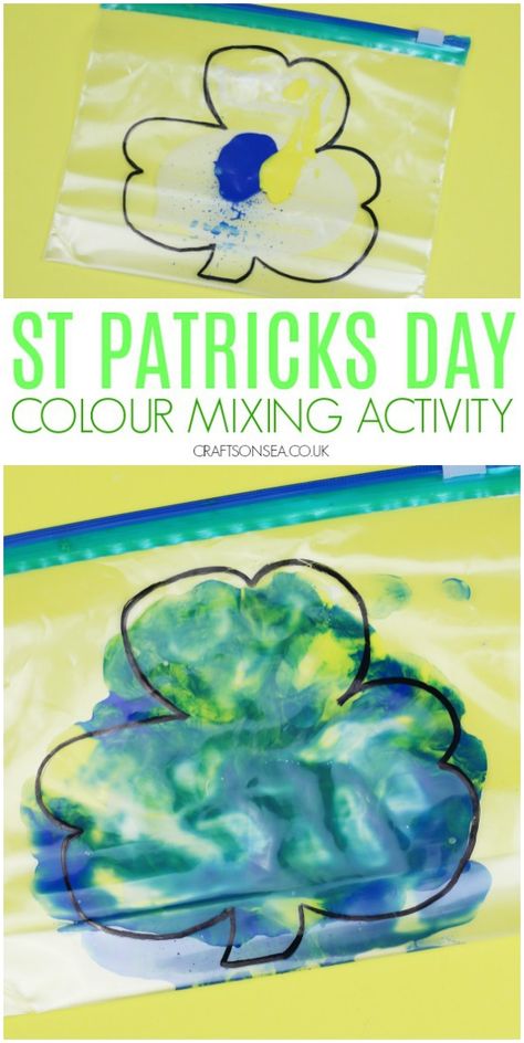 This colour mixing activity for St Patricks Day is super easy but it's easy to change up for older kids too by using your squish bag for mark making or letter formation practice or it can be used as a sensory play activity for younger kids. #stpatricksday #kidsactivities Easy St Patrick's Day Crafts For Kids, St Patricks Day Toddler Activities, St Patrick’s Day Activities For Toddlers, Toddler St Patricks Day Crafts, March Activities For Toddlers, St Patrick’s Day Crafts For Toddlers, St Patrick’s Crafts, March Crafts For Toddlers, March Projects