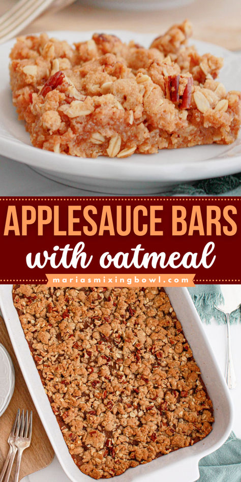 This Applesauce Bars with Oatmeal are tender, flavorful, and make a great snack on the go or an easy breakfast that you can make ahead. Apple Sauce Snack Ideas, Oatmeal Bars With Applesauce, Unsweetened Applesauce Uses, Recipes With Apple Sauce Baking, Applesauce Baked Oatmeal, Things To Make With Oatmeal, Applesauce Recipes Baking, Recipes Using Applesauce, Applesauce Bars