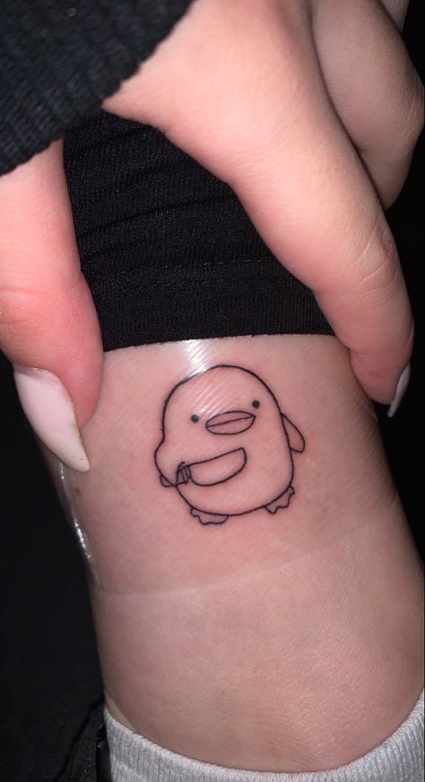 duck with knife Bunny With Knife Tattoo, Simple Rubber Duck Tattoo, Duck Knife Tattoo, Duck Holding Knife Tattoo, Ducks With Knives, Duck With Knife Tattoo, Matching Duck Tattoo, Little Duck Tattoo, Cute Duck Tattoo