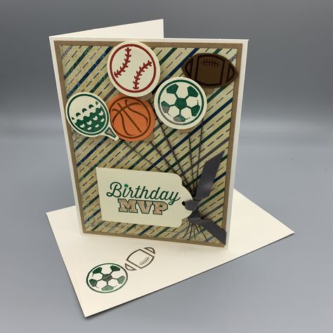 Sports Birthday Cards For Men, Stampin Up Sports Cards, Sports Birthday Card, Sports Day Decoration, Boy Birthday Cards, Birthday Cards Printable, Birthday Cards For Kids, Bunch Of Balloons, Easy Greeting Cards