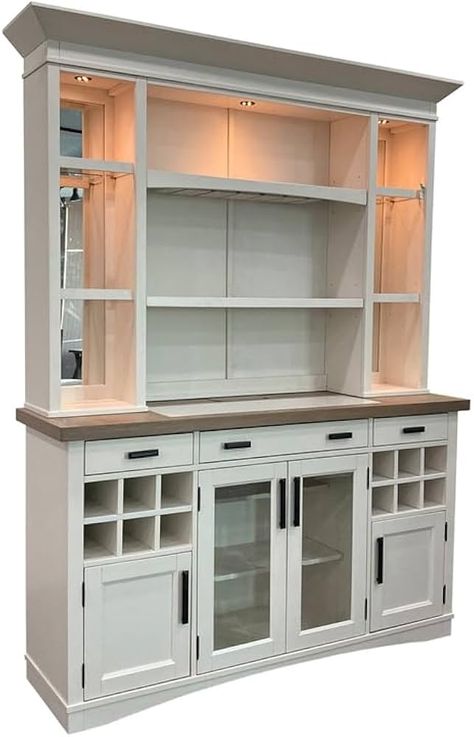 Amazon.com - Parker House Americana Modern Wood Buffet with Display Hutch in White - Buffets & Sideboards White Sideboard Buffet, Wood Crown Molding, Stemware Storage, Kitchen Hutch, Hutch Decor, Dining Room Hutch, Built In Cupboards, Wood Buffet, Crown Moulding