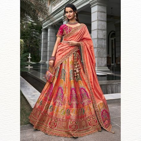 Multicolor Banarasi Silk Embroidered Bridal Lehenga Choli | Available Now The hand embroidered lehenga features intricate handwork embroidery, zari threads, and sequin work. The set includes a matching blouse and dupatta. For the perfect bridal look, pair it with traditional jewelry and accessories. Expertly crafted with premium materials, this lehenga choli exudes elegance and sophistication. 💰 – $249.99/- USD – Semi - Stitched 🔍 Product Code – “RYL1031” 🛍️ Shop Now – https://www.emp... Banarasi Lehenga Dupatta Draping Style, Lehenga Dupatta Draping Style, Dupatta Draping Styles, Dupatta Draping, Lehenga Dupatta, Hand Work Embroidery, Bridal Lehenga Choli, Silk Dupatta, Traditional Jewelry