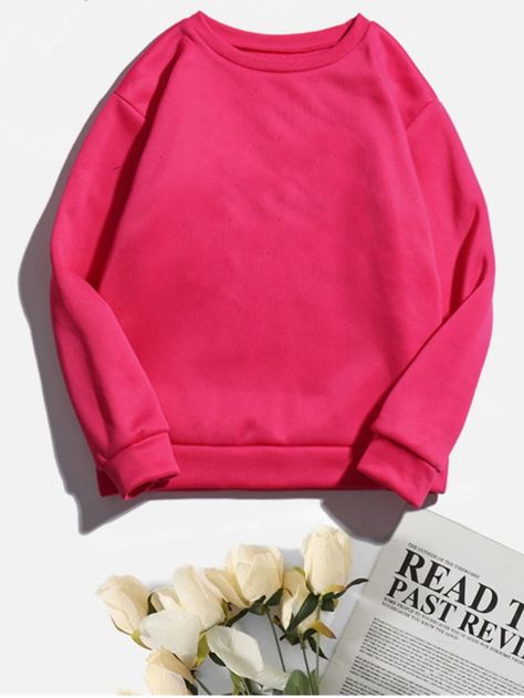 Hot Pink Casual  Long Sleeve Polyester Plain Pullovers  Slight Stretch Fall/Winter Women Sweatshirts Outfit Ideas Pink, Hot Pink Sweatshirt, Outfit Ideas For Church, Latina Outfit, Pink Sweat, Pink Crewneck Sweatshirt, Women Sweatshirts, Shein Outfits, Pink Crewneck