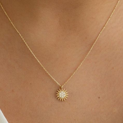 14k Gold Sun Necklace | Etsy Gold Sun Necklace, Necklace Sun, Sunshine Necklace, Sun Charm, Sun Necklace, Gift Valentines Day, Jewelry Photoshoot, Real Gold Jewelry, Sun Pendant