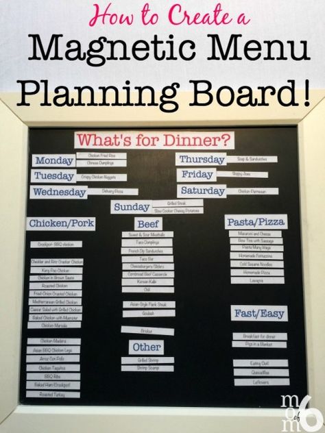 To answer the question, "What's for dinner?", I have been using a magnetic menu planning board for years now. I love how it makes the actual menu planning process so simple- all I have to do to pick and choose family dinners from my previously prepared list, and just move them into their daily spot. Menu Planning Board, Menu Board Diy, Weekly Menu Boards, Weekly Menu Planners, Getting Organized At Home, Weekly Menu Planning, Organization Chart, Planning Board, Organization Board