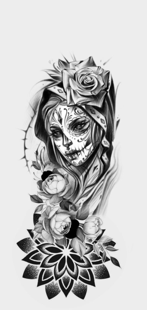 Marvel Tattoo Ideas, Girly Skull Tattoos, Sugar Skull Girl Tattoo, Candy Skull Tattoo, Feminine Skull Tattoos, Skull Rose Tattoos, Catrina Tattoo, Skull Girl Tattoo, Skull Sleeve Tattoos