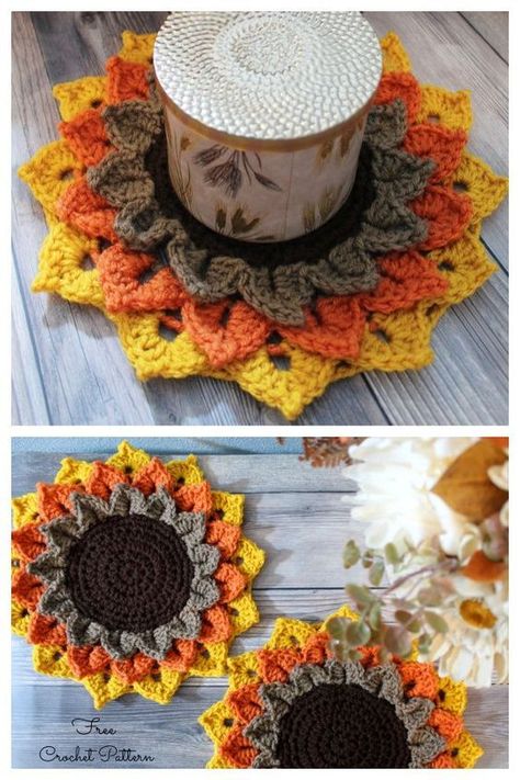 Sunflower Candle Coaster Free Crochet Patterns Crochet Fall Coasters, Crochet Candle Holder Pattern, Crochet Candle Holder, Crochet Halloween Patterns Free, Crochet Sunflowers, Crochet Fall Decor, Crochet Hobby, Crochet Candle, Sunflower Candle