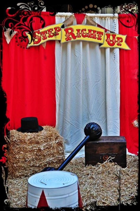 Photo Booth with Props  Set the stage for your circus photos with props like these! Circus Entrance, Picnic Themes, Circus Party Games, Vintage Circus Birthday Party, Circus Birthday Party Ideas, Carnival Party Games, Entrance Idea, Vintage Circus Theme, Haunted Carnival