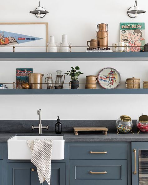 All Posts • Instagram Diy Open Shelving Kitchen, Shelf Above Sink, Diy Open Shelving, Blue Cabinetry, Mindy Gayer Design, Small Galley Kitchen, Basement Kitchenette, Game Room Bar, Basement Kitchen