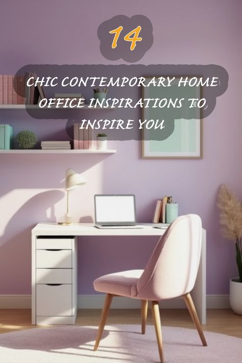 Discover the perfect blend of style and functionality in this contemporary home office setup. The soft lavender walls create a calming backdrop, complemented by a sleek white desk and a cozy pink chair. Surround yourself with organized shelves and carefully curated decor that inspires creativity and productivity. Whether you're working from home or setting up a study space, this look will elevate your environment beautifully. Lavender Home Office Ideas, Contemporary Home Office Design, Organized Shelves, Lavender Walls, Home Office Design Ideas, Office Design Ideas, Minimalist Living Room Design, Victorian Bedroom, Home Office Inspiration