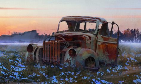 Old Car Paintings, Old Car Sketch, Field Of Blue Flowers, Stormy Aesthetic, Old Car Parts, Cool Old Cars, Dark N Stormy, Car Artwork, Cute Canvas Paintings