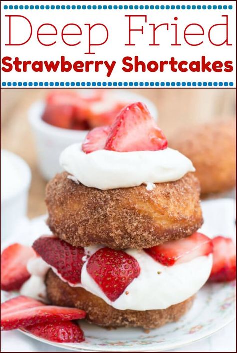 The most delicious dessert I’ve ever had, deep fried strawberry shortcakes that are rolled in cinnamon sugar and loaded with berries and fresh whipped cream. via @ohsweetbasil Fried Dessert, Strawberry Shortcakes, Strawberry Shortcake Recipes, Shortcake Recipe, Deep Fry, Sweet Basil, Köstliche Desserts, Angel Food Cake, Angel Food