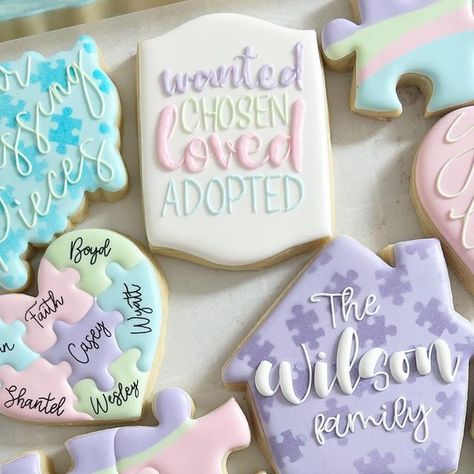 Adoption Day Cookies Decorated, Adoption Party Cookies, Puzzle Piece Adoption Party Ideas, Adoption Court Day Ideas, Missing Piece Adoption Party, Adoption Party Decorations, Adoption Shower Theme, Adoption Photo Shoot Family Pics, Adoption Day Cookies