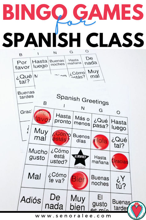 Spanish greetings vocabulary on a printable bingo card - game for Spanish class Games For Spanish Classroom, Spanish Games For Elementary, Spanish Vocabulary Games, Spanish Games For Kids, Printable Bingo Cards, Spanish Classroom Activities, Spanish Games, Spanish Greetings, Middle School Activities