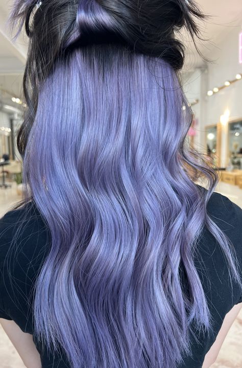 Lilac Hair Highlights Brown, Peekaboo Lilac Hair, Pastel Purple Peekaboo Hair, Periwinkle And Black Hair, Black And Periwinkle Hair, Tip Dyed Hair For Brunettes, Lavender Hair Underneath, Underdye Hair Purple, Black And Lilac Hair