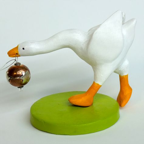 Polymer clay goose stealing Xmas ornament (homage to "Untitled Goose Game" Clay Goose, Tiny Ceramics, Clay Duck, Untitled Goose Game, Goose Game, Clay Making, How To Make Clay, Phone Aesthetic, Polymer Clay Animals