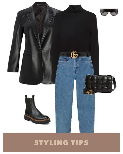 Leather Blazer Outfit With Jeans, Jeans Boots And Blazer Outfit, Leather Boots Jeans, Leather Black Blazer Outfit, Womens Leather Blazer Outfit, Black Leather Blazer Outfits, How To Style A Black Leather Blazer, Black Leather Blazer Outfits For Women, Leather Blazer Styling