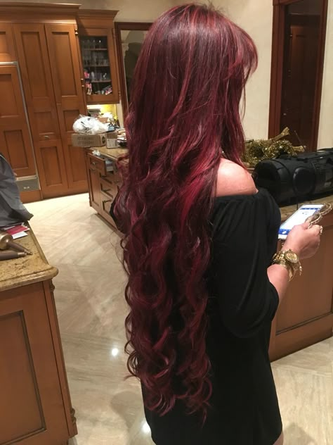 Red hair and hair extensions by Sheyla Denis Dark Red Extensions, Dark Red Hair Extensions, Waist Length Red Hair, Deep Crimson Hair, Long Thick Red Hair, Red Curled Hair, Cherry Red Wavy Hair, Wavy Red Hair Dyed, Dark Red Wavy Hair