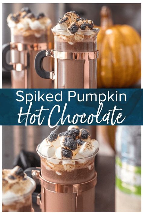 SPIKED PUMPKIN SPICE HOT CHOCOLATE is the ultimate Thanksgiving cocktail! This tasty spiked hot chocolate is made in a slow cooker and it's perfect for serving a crowd. This creamy twist on a classic is a must make for the holidays. Nothing is easier than slow cooker hot chocolate! Spiked Hot Chocolate Recipe, Slow Cooker Hot Chocolate, Pumpkin Spice Hot Chocolate, Spice Hot Chocolate, Pumpkin Hot Chocolate, Thanksgiving Cocktail, Spiked Hot Chocolate, Crock Pot Inspired Recipes, Slow Cooker Pumpkin