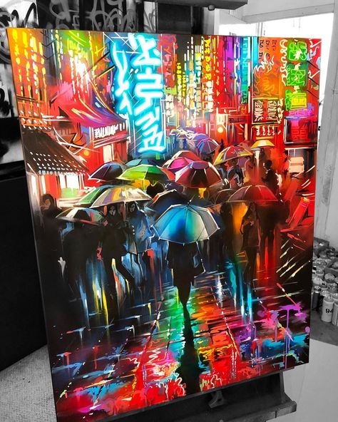 🎨 Fresh from DANK studios this completed canvas commission of my ‘Streets Of Neon’ print 🎨- original acrylic and spray paint on canvas -… Cyberpunk Painting Acrylic, Cyberpunk Painting, Neon Printing, Spray Paint On Canvas, Paint On Canvas, Cyberpunk Art, Painting Acrylic, Spray Paint, Cyberpunk