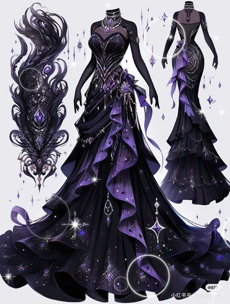 Black And Purple Outfit Ideas, Fantasy Dress Design Art, Purple Fantasy Dress, Purple Dress Outfit, Purple Outfit Ideas, Fantasy Dress Design, Purple And Black Dress, Purple Gown, Vestidos Anime