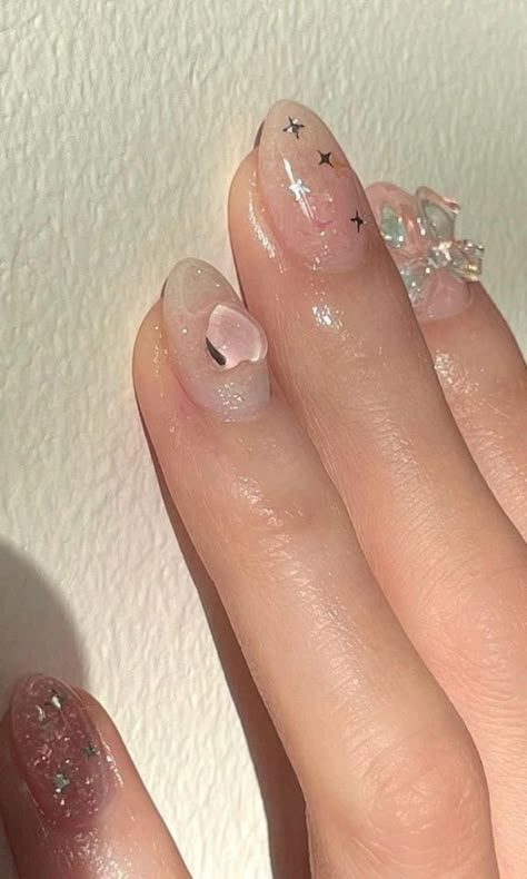 #nails Short Round Korean Nails, Short Almond Nails Coquette, Douyin Natural Nails, Cute Short Korean Nails, Gel Korean Nails, Trendy Korean Nails, Sanrio Charm Nails, Ethereal Nails Aesthetic, Korean Acrylic Nails